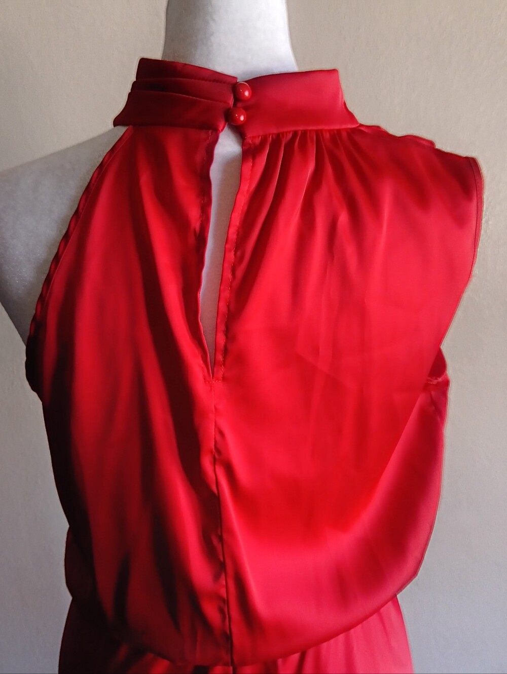 BTFBM Silky Sexy Red Halter Maxi Dress Size Small, Eladtic Waist, Cold Shoulder - Picture 5 of 8